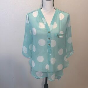 Cals light blue with white polka dots sheer high low 1/2 button down blouse